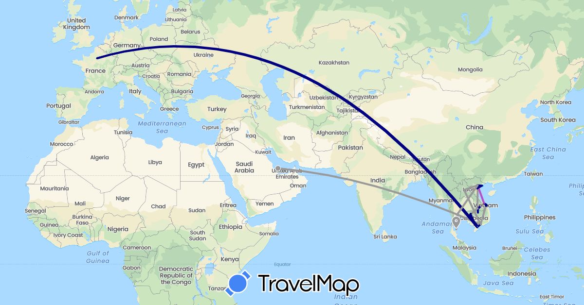 TravelMap itinerary: driving, plane, cycling, train, hiking, boat, motorbike in France, Cambodia, Laos, Qatar, Thailand, Vietnam (Asia, Europe)